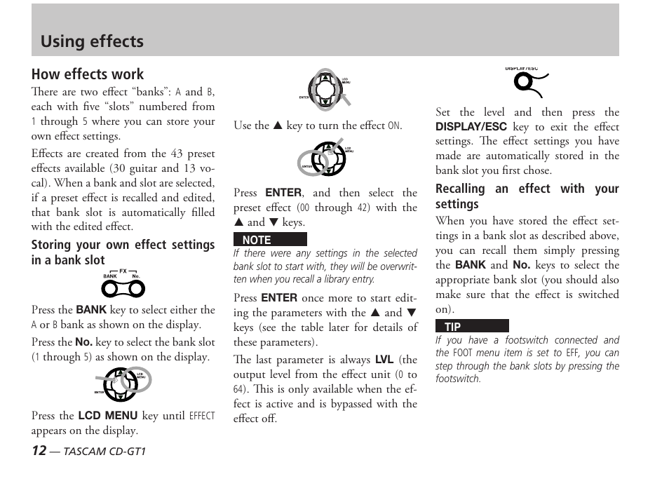 Using effects, How effects work | Tascam PORTABLE CD GUITAR CD-GT1 User Manual | Page 12 / 16