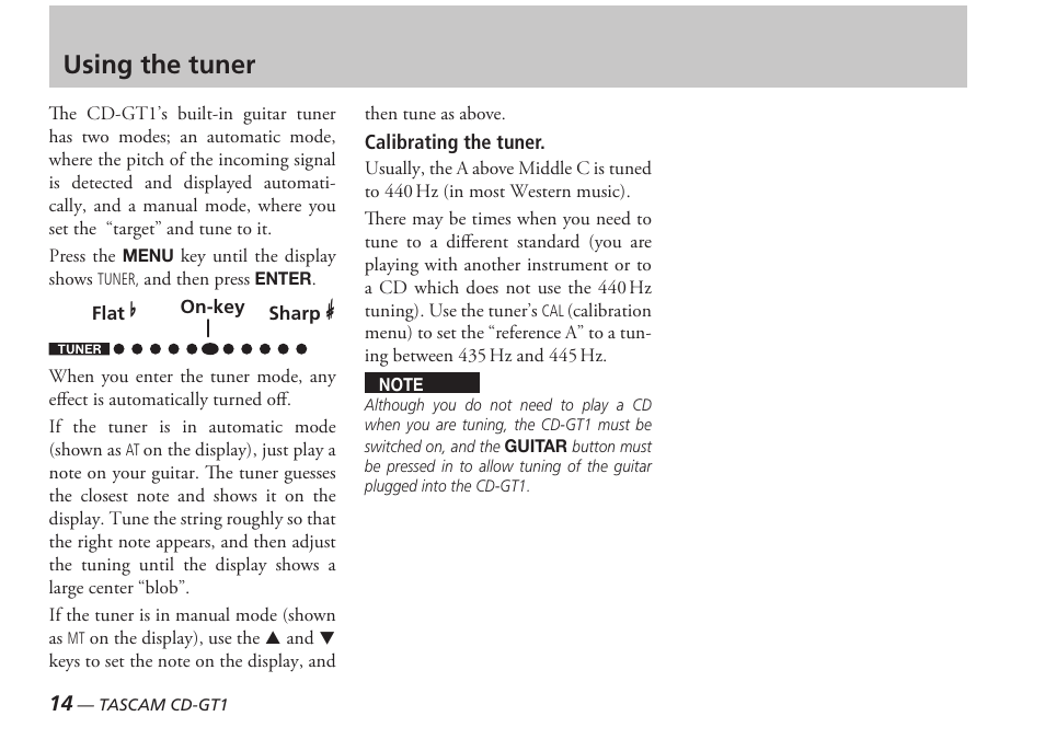 Using the tuner | Tascam PORTABLE CD GUITAR CD-GT1 User Manual | Page 14 / 16