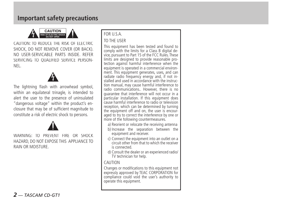 Important safety precautions | Tascam PORTABLE CD GUITAR CD-GT1 User Manual | Page 2 / 16