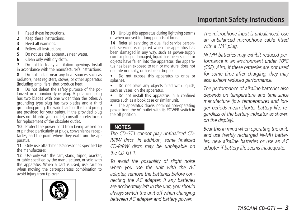 Important safety instructions | Tascam PORTABLE CD GUITAR CD-GT1 User Manual | Page 3 / 16