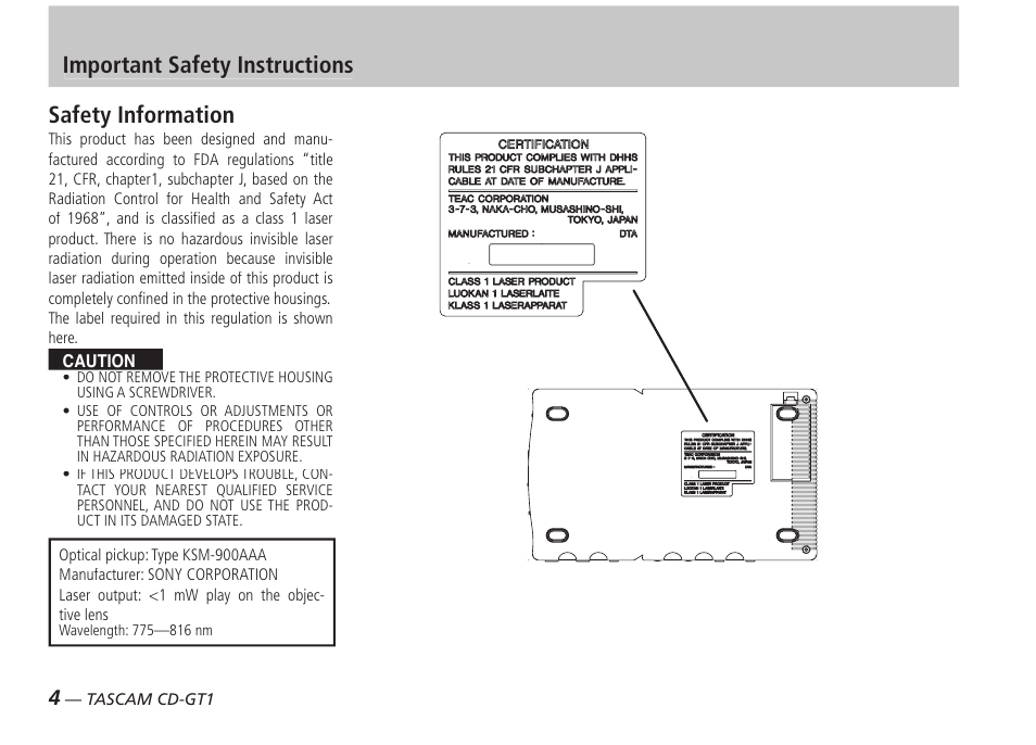 Safety information, Important safety instructions | Tascam PORTABLE CD GUITAR CD-GT1 User Manual | Page 4 / 16