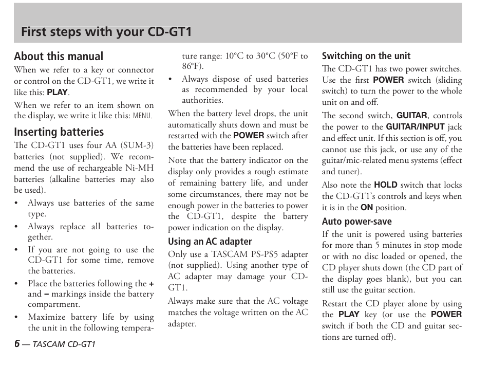 First steps with your cd-gt1, About this manual, Inserting batteries | Tascam PORTABLE CD GUITAR CD-GT1 User Manual | Page 6 / 16
