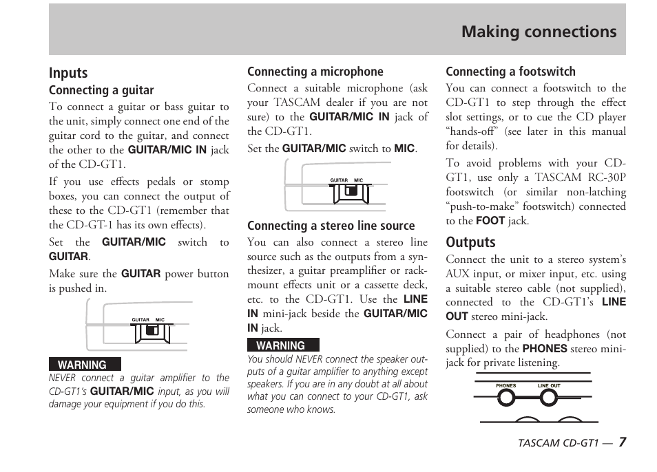 Making connections, Inputs, Outputs | Tascam PORTABLE CD GUITAR CD-GT1 User Manual | Page 7 / 16