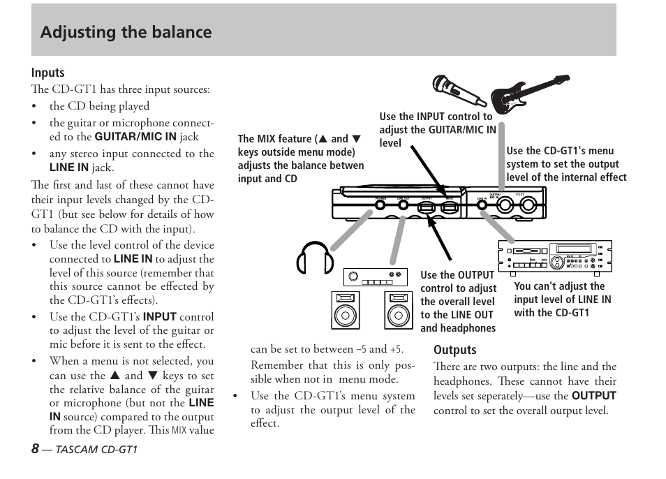 Adjusting the balance | Tascam PORTABLE CD GUITAR CD-GT1 User Manual | Page 8 / 16