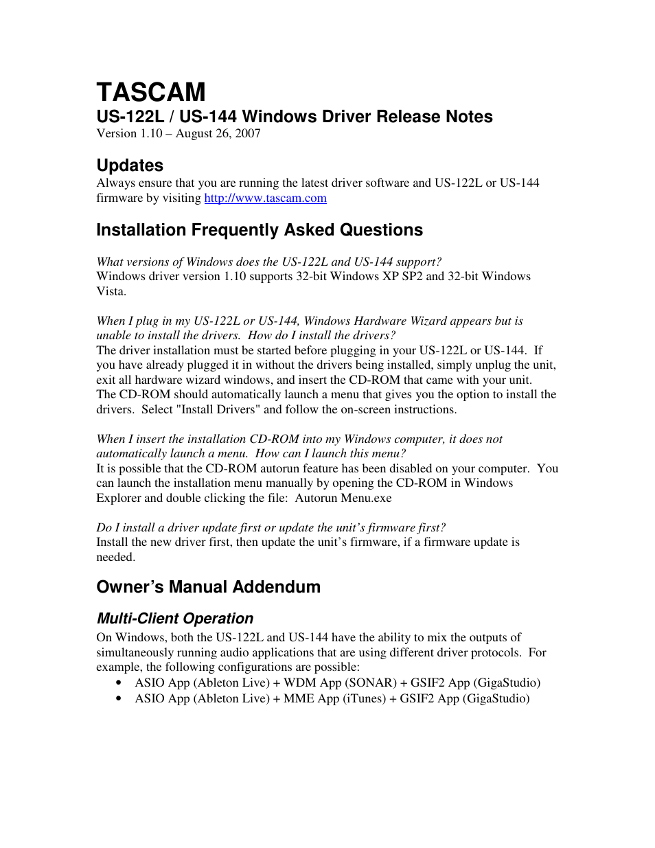 Tascam US-144 User Manual | 2 pages