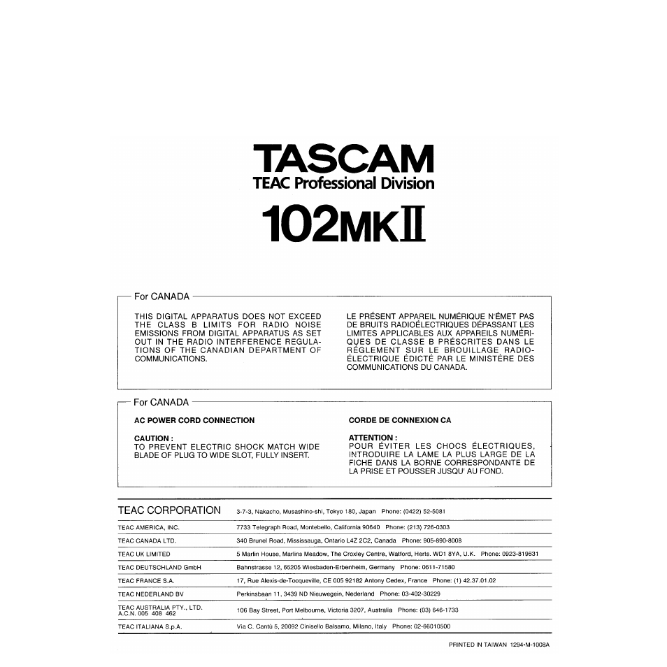 Tascam, Ac power cord connection caution, Corde de connexion ca attention | 102mkii, Teac professional division, For canada, Teac corporation | Tascam 102MKII User Manual | Page 10 / 10