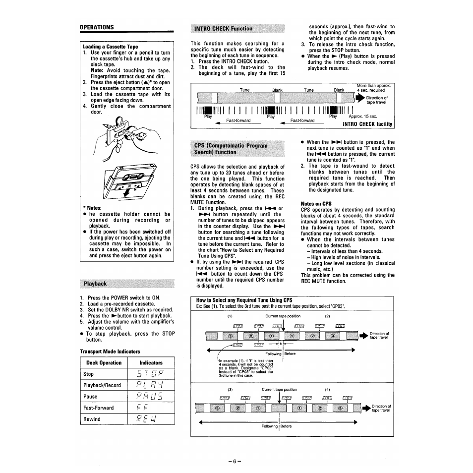 Operations, Loading a cassette tape, Notes | Notes on cps | Tascam 102MKII User Manual | Page 6 / 10
