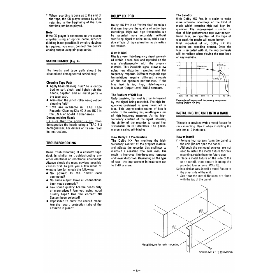 Maintenance (fig. 4), Troubleshooting, Dolby hx pro | Installing the unit into a rack | Tascam 102MKII User Manual | Page 8 / 10