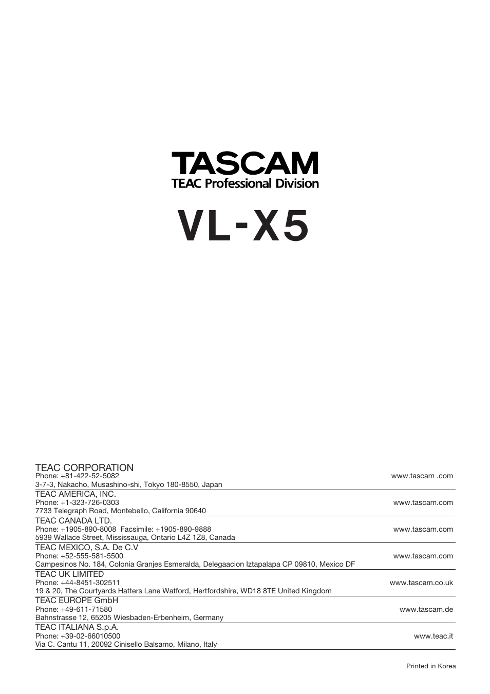 Vl-x5 | Tascam VL-X5 User Manual | Page 12 / 12