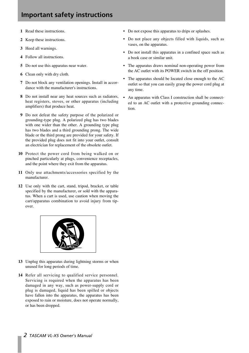 Important safety instructions | Tascam VL-X5 User Manual | Page 2 / 12