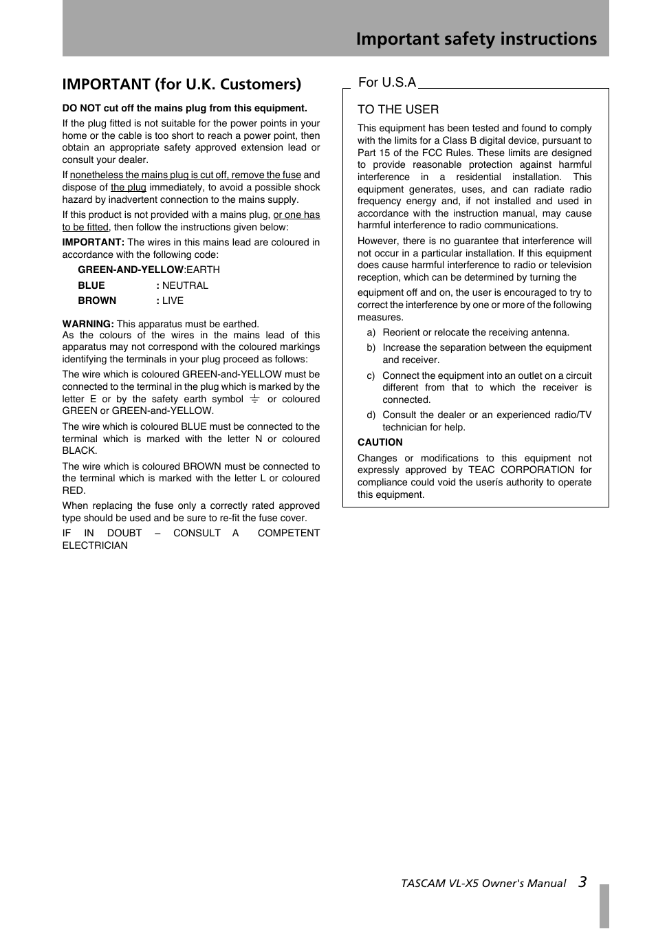 Important safety instructions, Important (for u.k. customers), For u.s.a | Tascam VL-X5 User Manual | Page 3 / 12