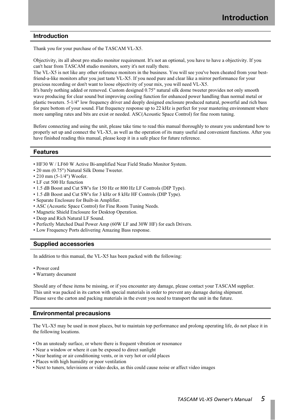 Introduction | Tascam VL-X5 User Manual | Page 5 / 12