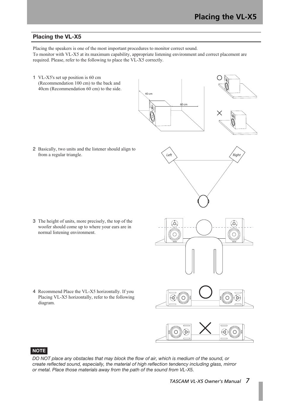 Placing the vl-x5 | Tascam VL-X5 User Manual | Page 7 / 12