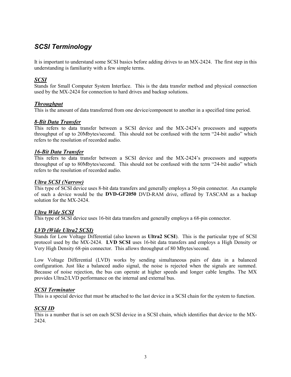 Scsi terminology, Scsi, Throughput | Bit data transfer, Ultra scsi (narrow), Ultra wide scsi, Lvd (wide ultra2 scsi), Scsi terminator, Scsi id | Tascam MX-2424 User Manual | Page 3 / 15