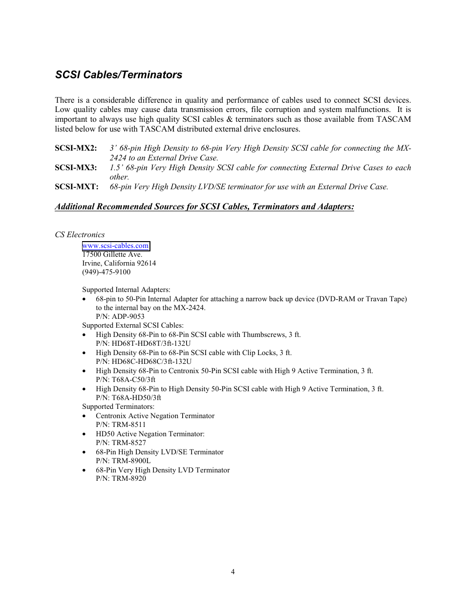 Scsi cables/terminators, Cs electronics | Tascam MX-2424 User Manual | Page 4 / 15