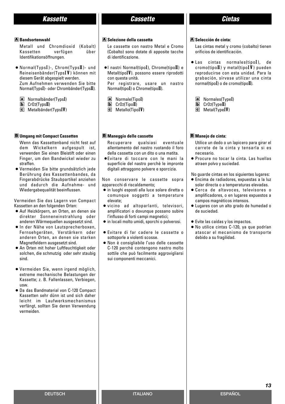 Cassette kassette cintas | Tascam CD-A630 User Manual | Page 13 / 76