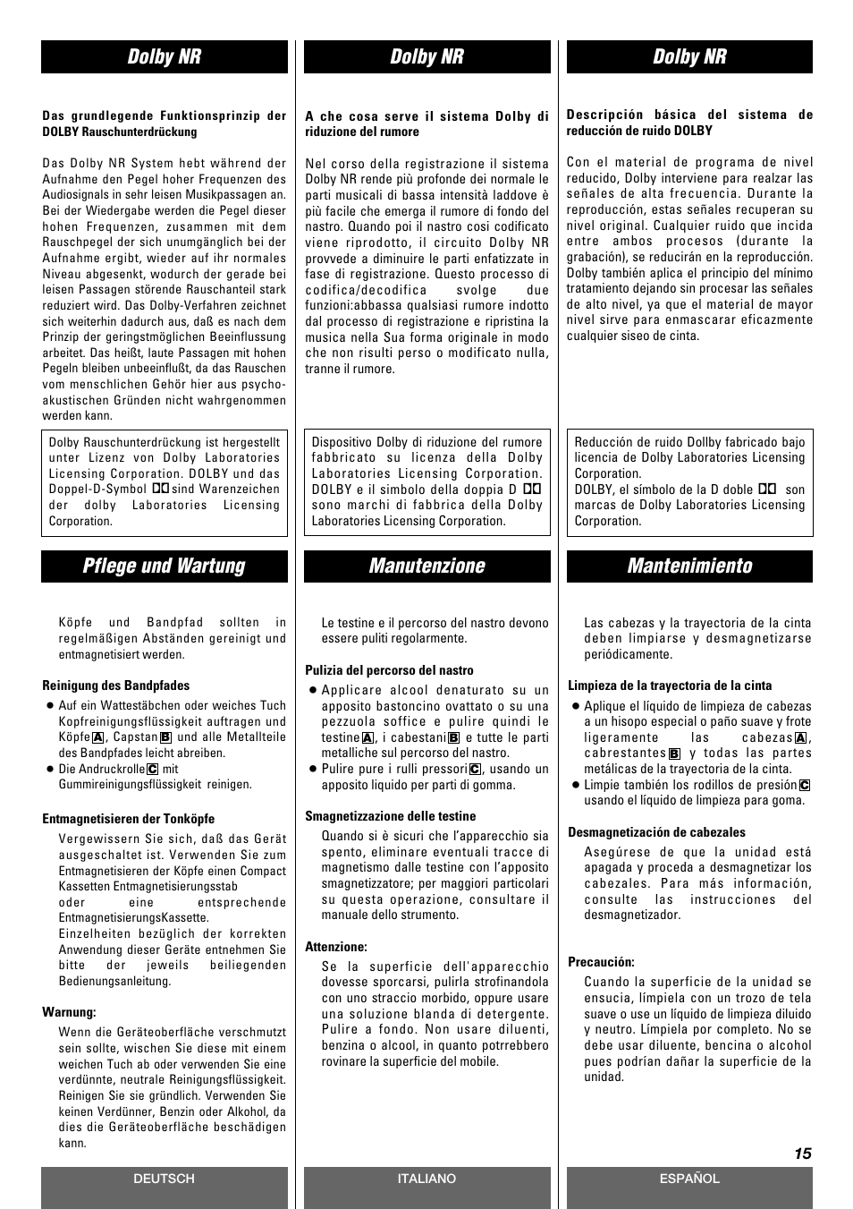 Dolby nr, Manutenzione pflege und wartung mantenimiento | Tascam CD-A630 User Manual | Page 15 / 76