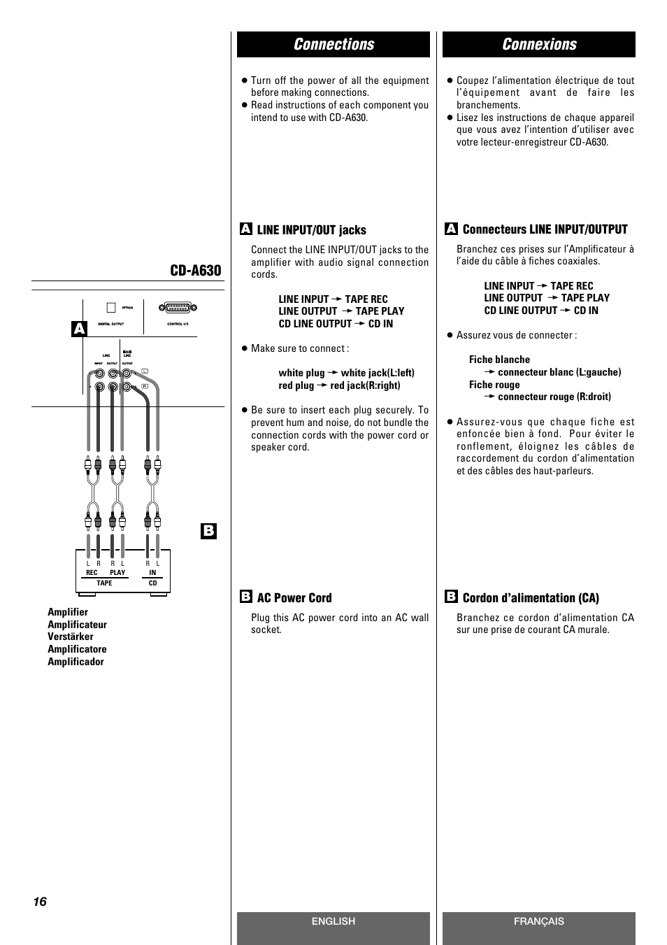 Connexions, Connections, Cd-a630 | Tascam CD-A630 User Manual | Page 16 / 76