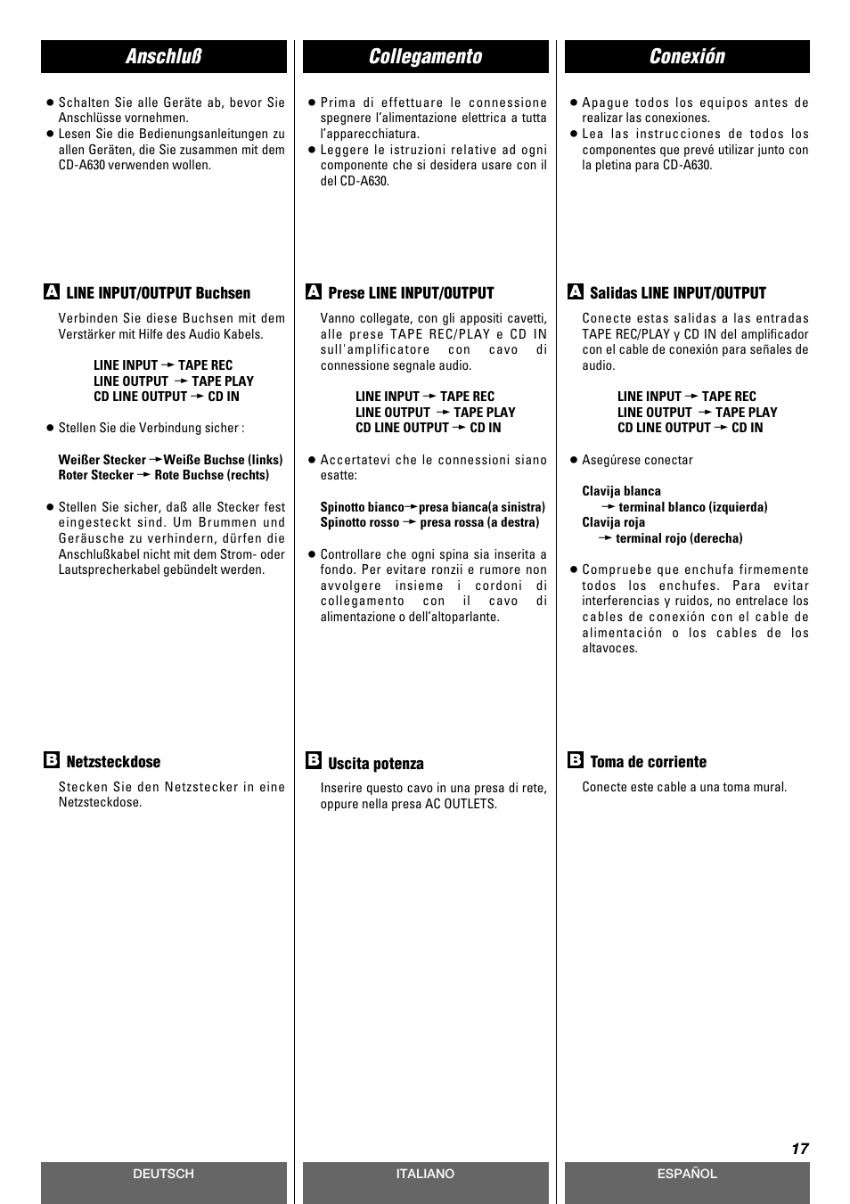 Collegamento anschluß conexión | Tascam CD-A630 User Manual | Page 17 / 76