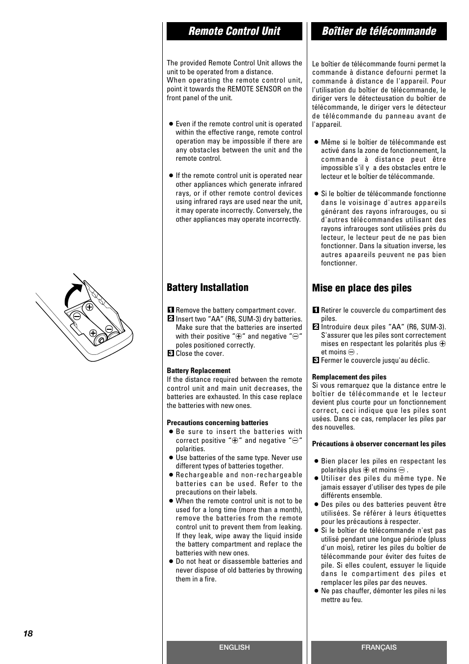 Remote control unit boîtier de télécommande, Battery installation, Mise en place des piles | Tascam CD-A630 User Manual | Page 18 / 76