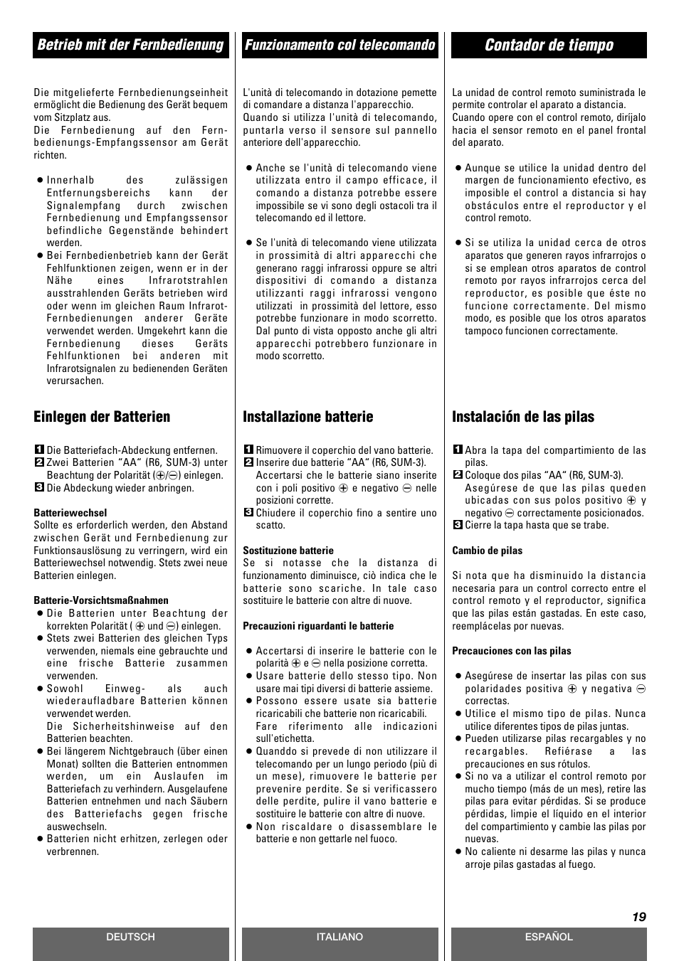Contador de tiempo, Einlegen der batterien, Installazione batterie | Instalación de las pilas | Tascam CD-A630 User Manual | Page 19 / 76