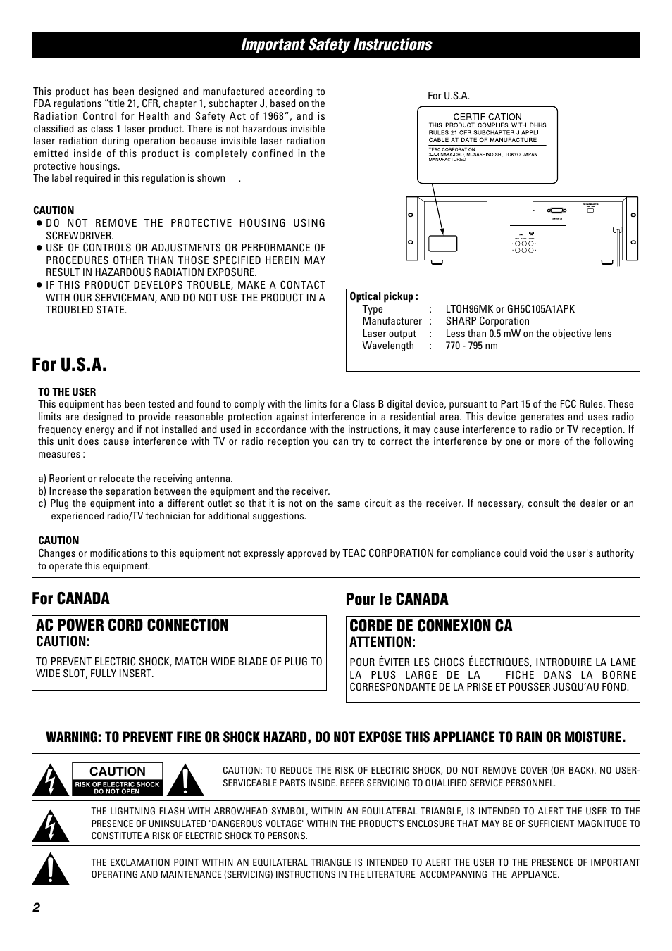Ye r, For u.s.a | Tascam CD-A630 User Manual | Page 2 / 76