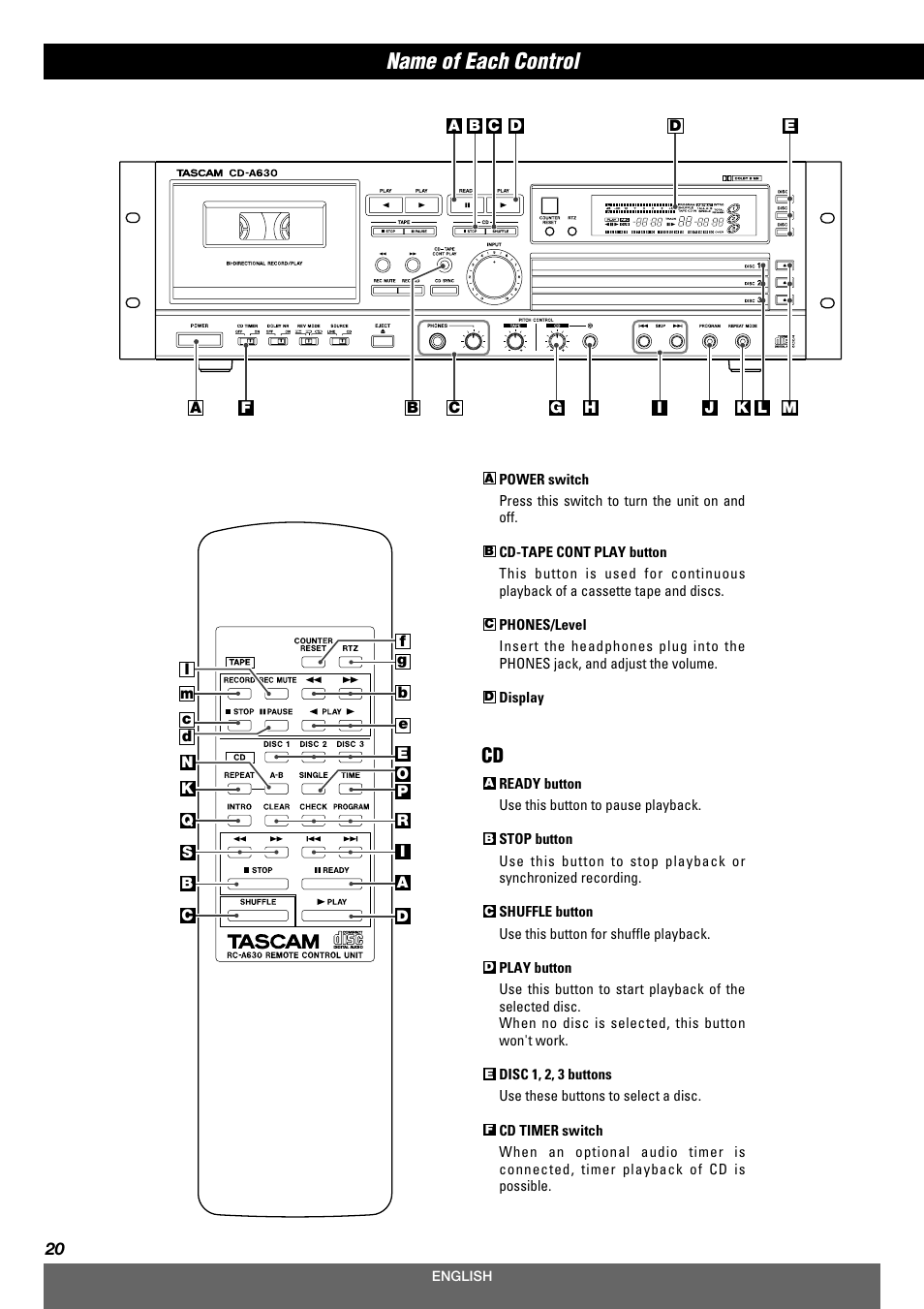Name of each control | Tascam CD-A630 User Manual | Page 20 / 76