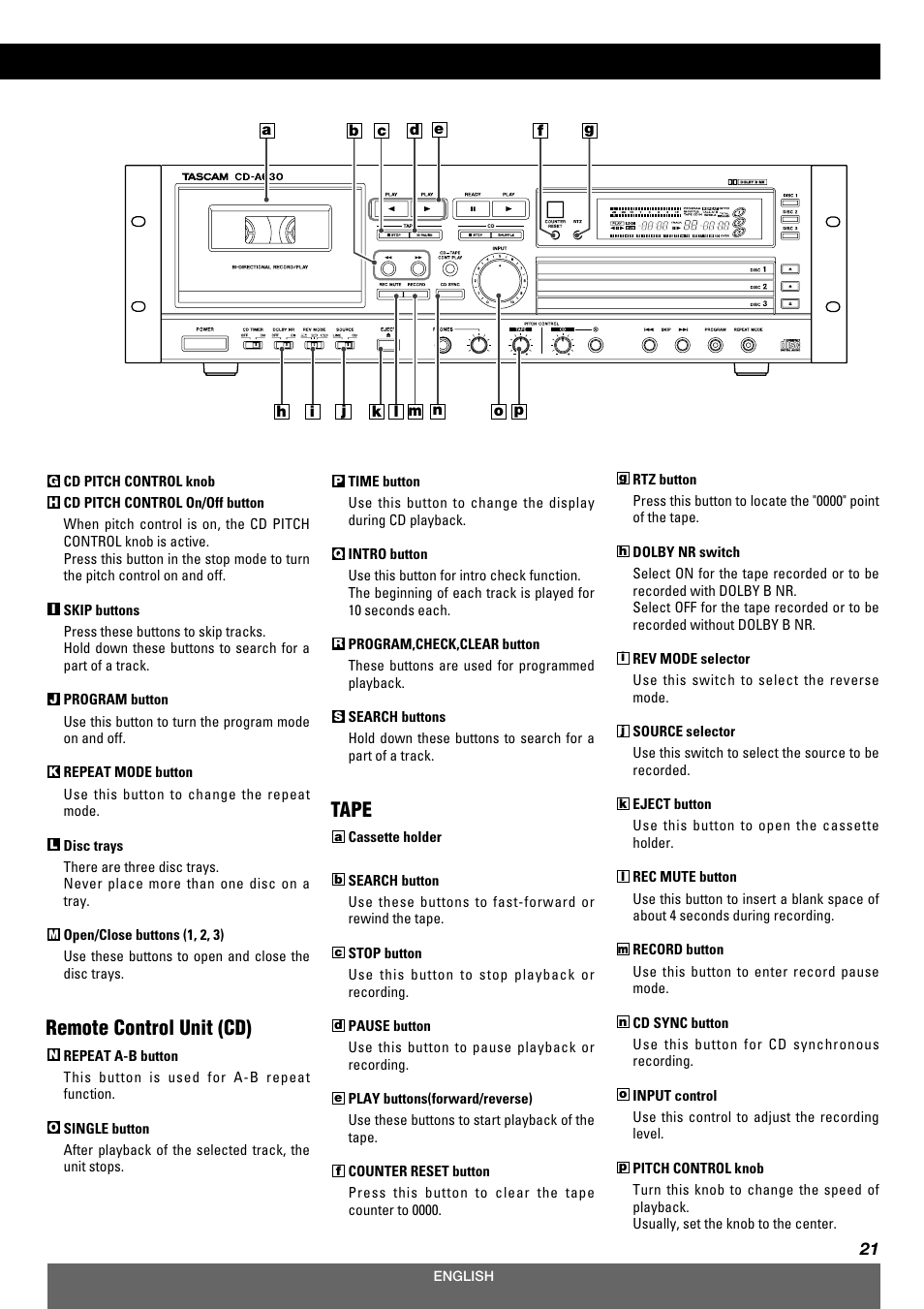 Remote control unit (cd), Tape | Tascam CD-A630 User Manual | Page 21 / 76
