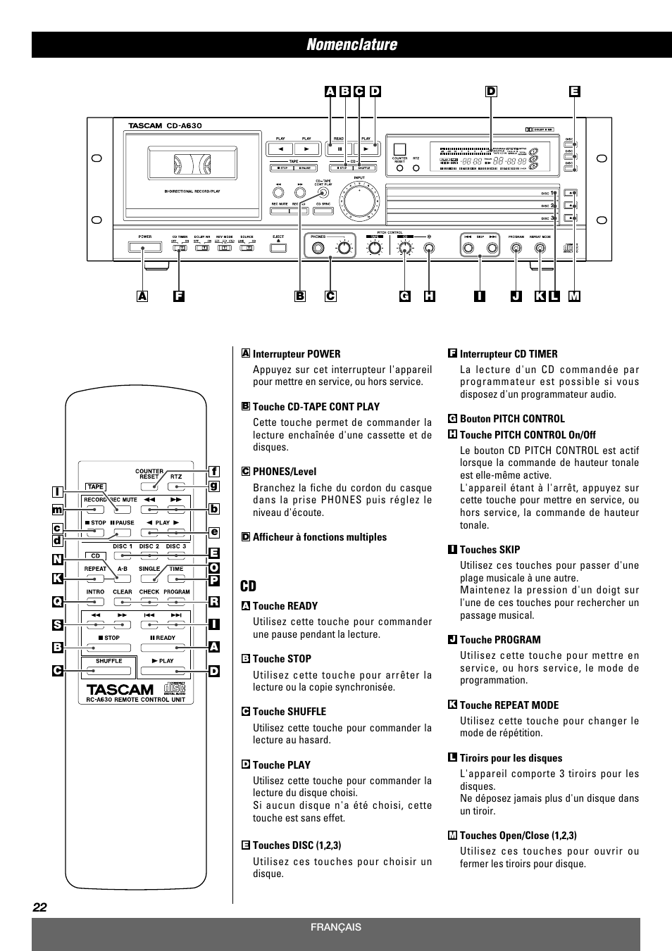 Nomenclature | Tascam CD-A630 User Manual | Page 22 / 76