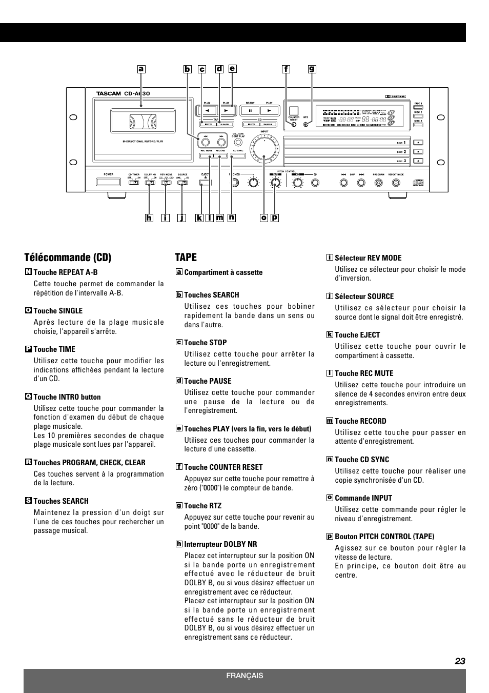 Télécommande (cd), Tape | Tascam CD-A630 User Manual | Page 23 / 76