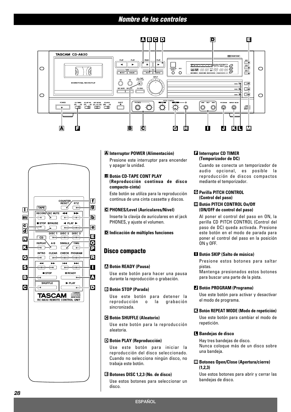 Nombre de los controles, Disco compacto | Tascam CD-A630 User Manual | Page 28 / 76