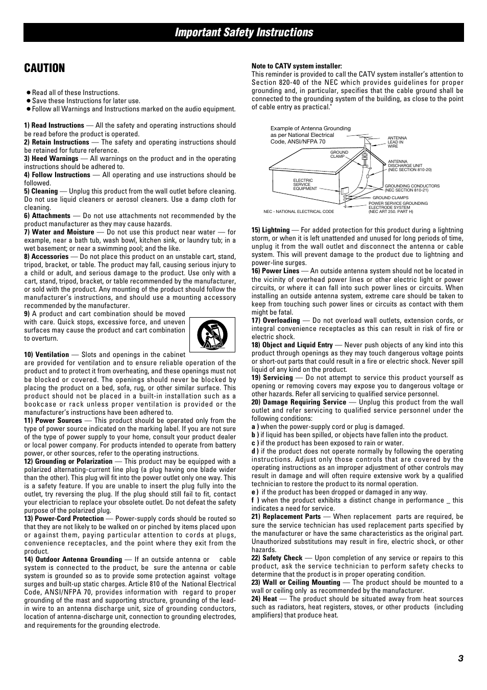 Caution, Important safety instructions | Tascam CD-A630 User Manual | Page 3 / 76