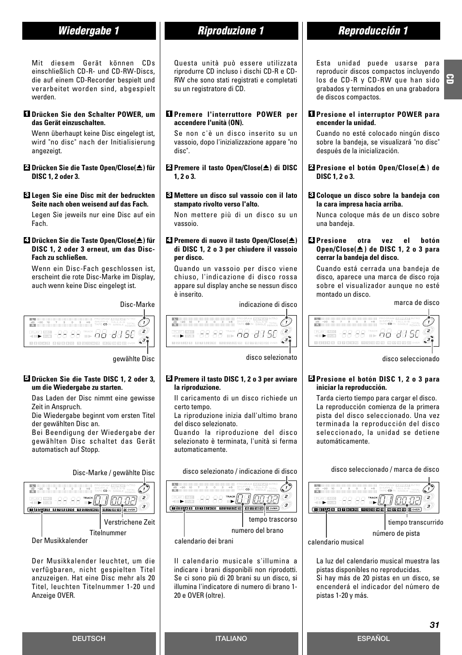 Riproduzione 1 wiedergabe 1 reproducción 1 | Tascam CD-A630 User Manual | Page 31 / 76