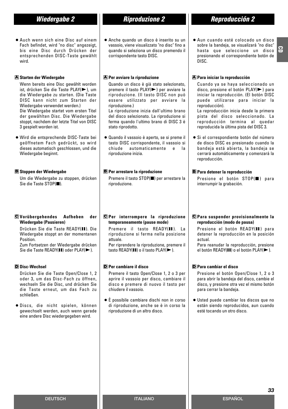 Riproduzione 2 wiedergabe 2 reproducción 2 | Tascam CD-A630 User Manual | Page 33 / 76