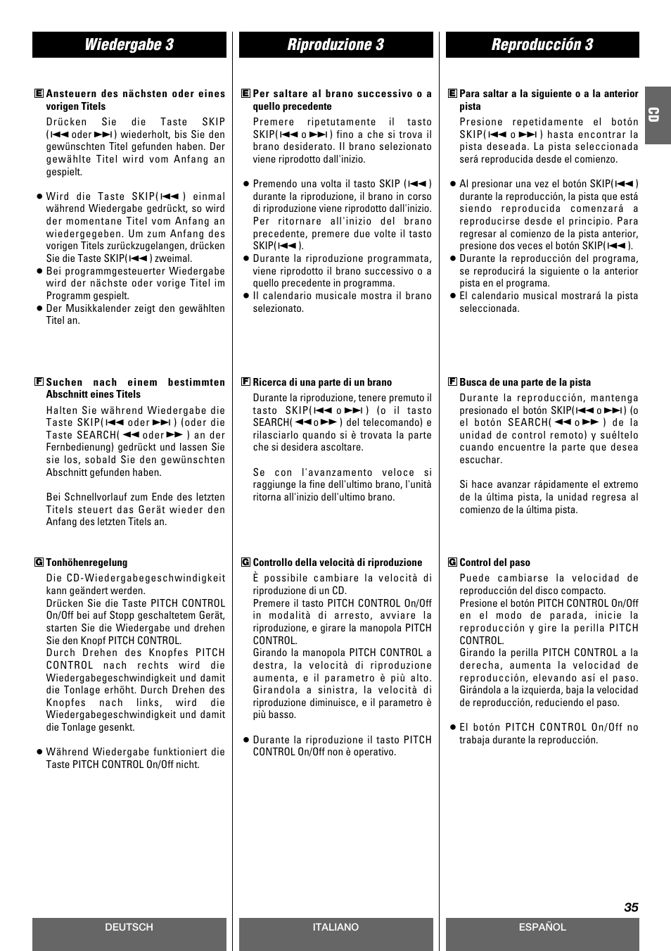 Riproduzione 3 wiedergabe 3 reproducción 3 | Tascam CD-A630 User Manual | Page 35 / 76
