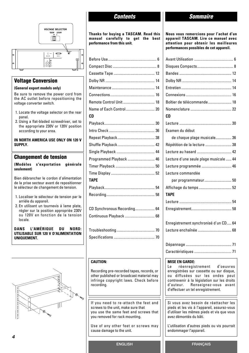 Contents sommaire, Voltage conversion, Changement de tension | Tascam CD-A630 User Manual | Page 4 / 76