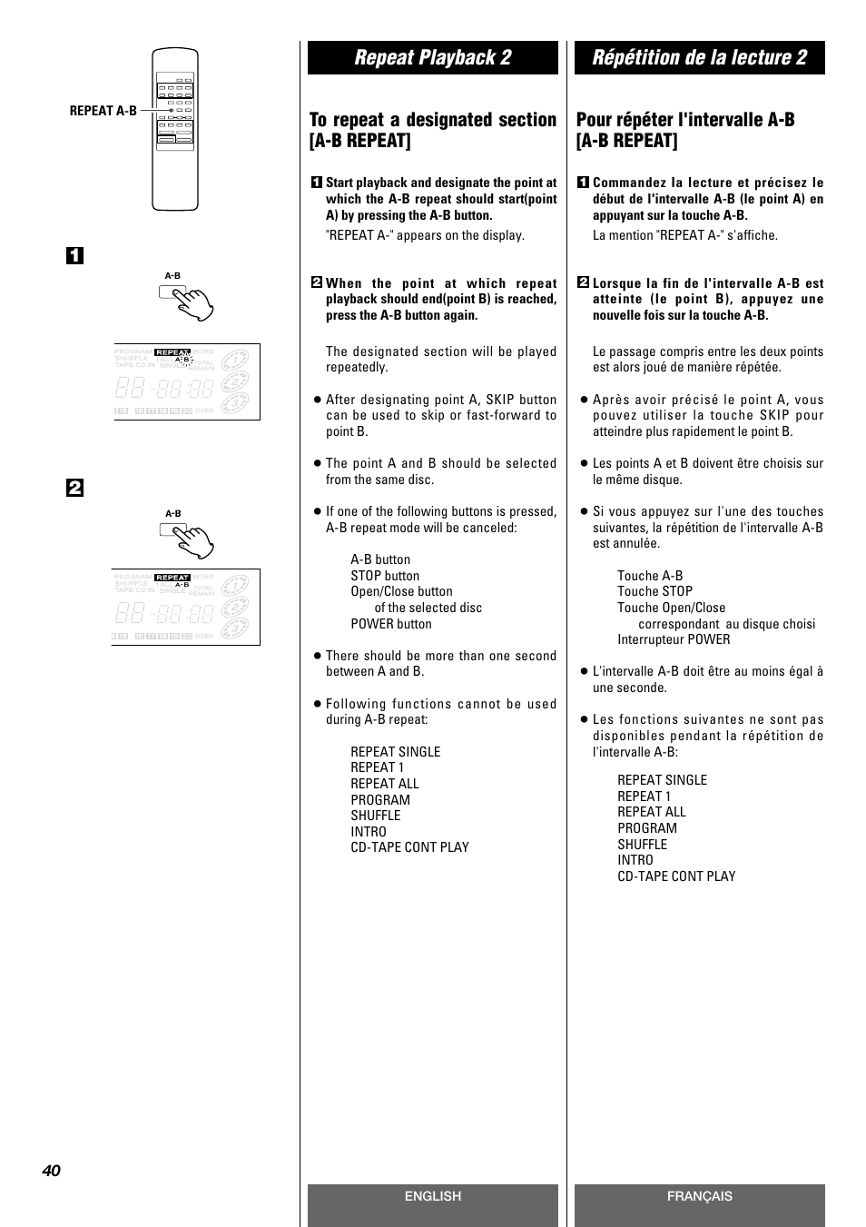 Repeat playback 2 répétition de la lecture 2, Pour répéter l'intervalle a-b [a-b repeat | Tascam CD-A630 User Manual | Page 40 / 76