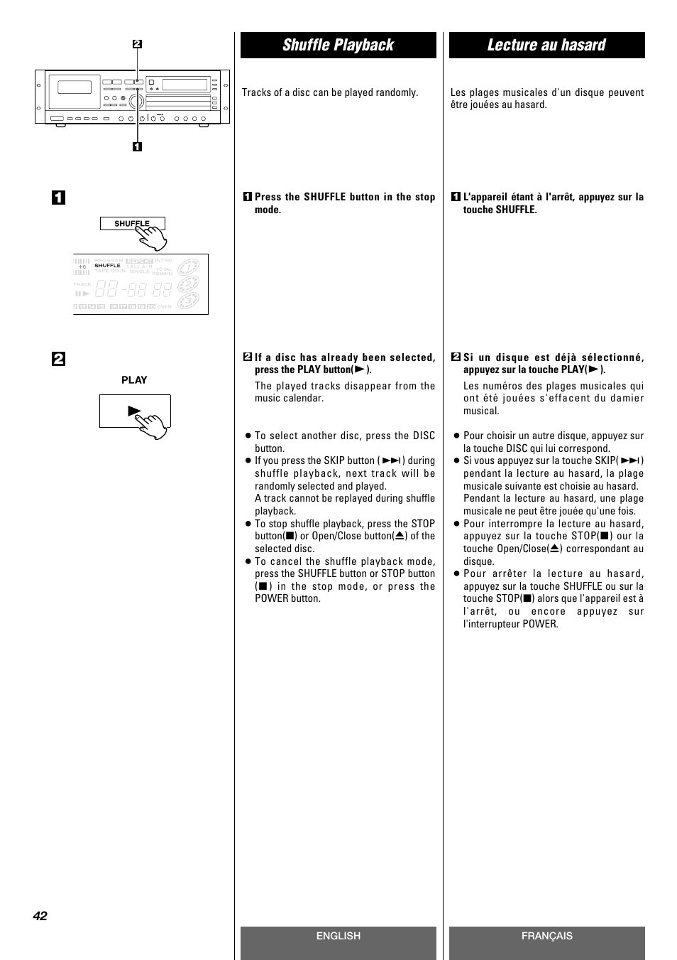 Shuffle playback, Lecture au hasard | Tascam CD-A630 User Manual | Page 42 / 76