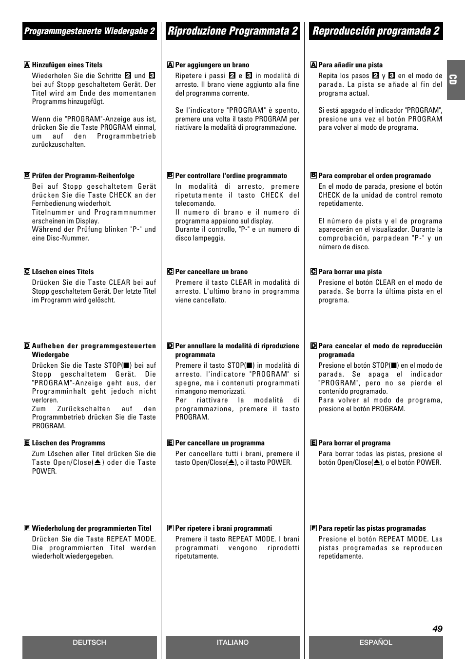 Riproduzione programmata 2, Reproducción programada 2 | Tascam CD-A630 User Manual | Page 49 / 76