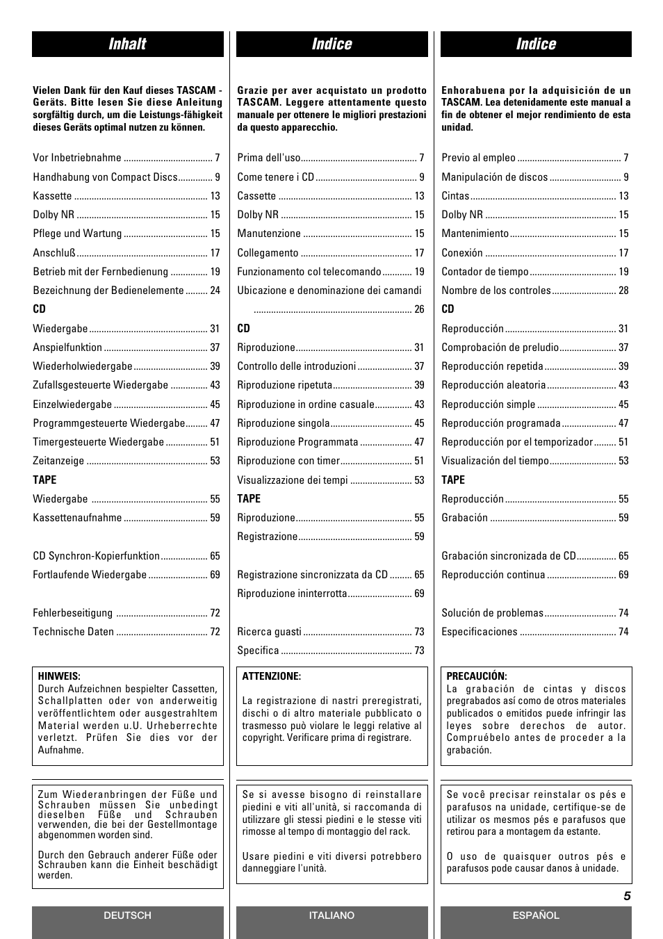 Indice inhalt indice | Tascam CD-A630 User Manual | Page 5 / 76