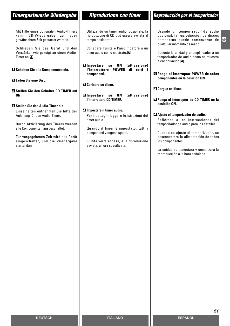 Riproduzione con timer timergesteuerte wiedergabe, Reproducción por el temporizador | Tascam CD-A630 User Manual | Page 51 / 76