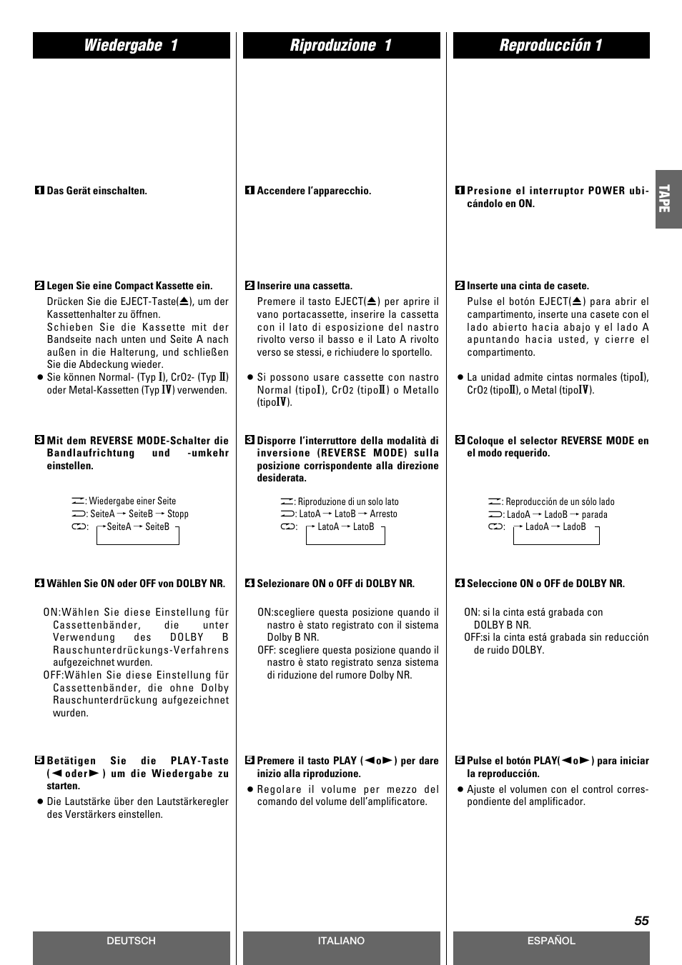 Riproduzione 1 wiedergabe 1 reproducción 1, Tape | Tascam CD-A630 User Manual | Page 55 / 76