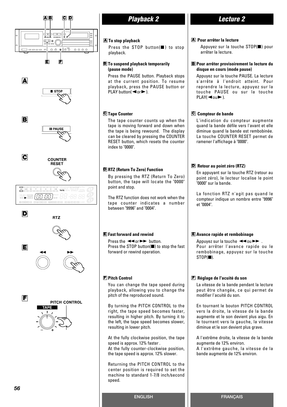 Playback 2, Lecture 2, Bc d e f | Tascam CD-A630 User Manual | Page 56 / 76