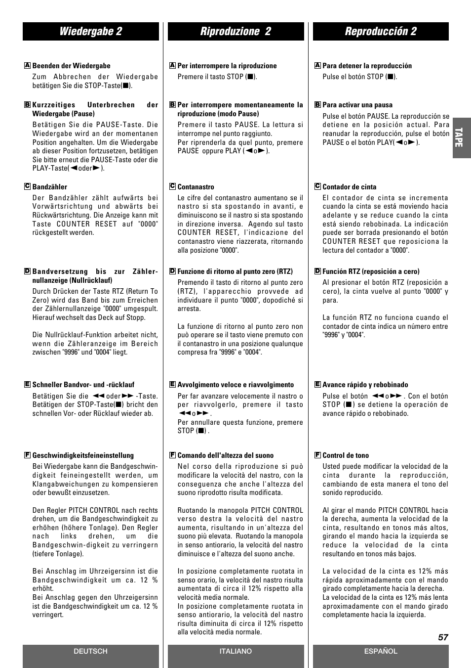 Riproduzione 2 wiedergabe 2 reproducción 2, Tape | Tascam CD-A630 User Manual | Page 57 / 76