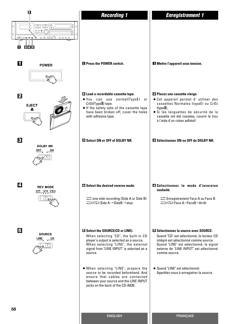 Recording 1 enregistrement 1 | Tascam CD-A630 User Manual | Page 58 / 76