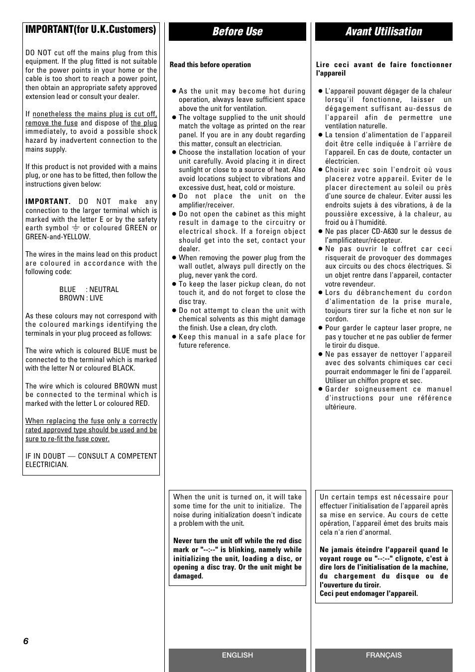 Before use avant utilisation, Important(for u.k.customers) | Tascam CD-A630 User Manual | Page 6 / 76