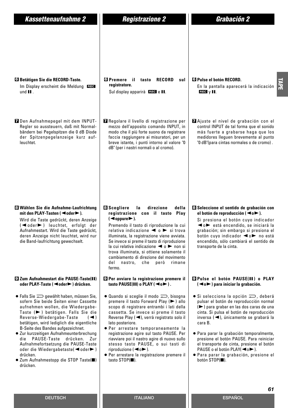 Registrazione 2 kassettenaufnahme 2 grabación 2, Tape | Tascam CD-A630 User Manual | Page 61 / 76