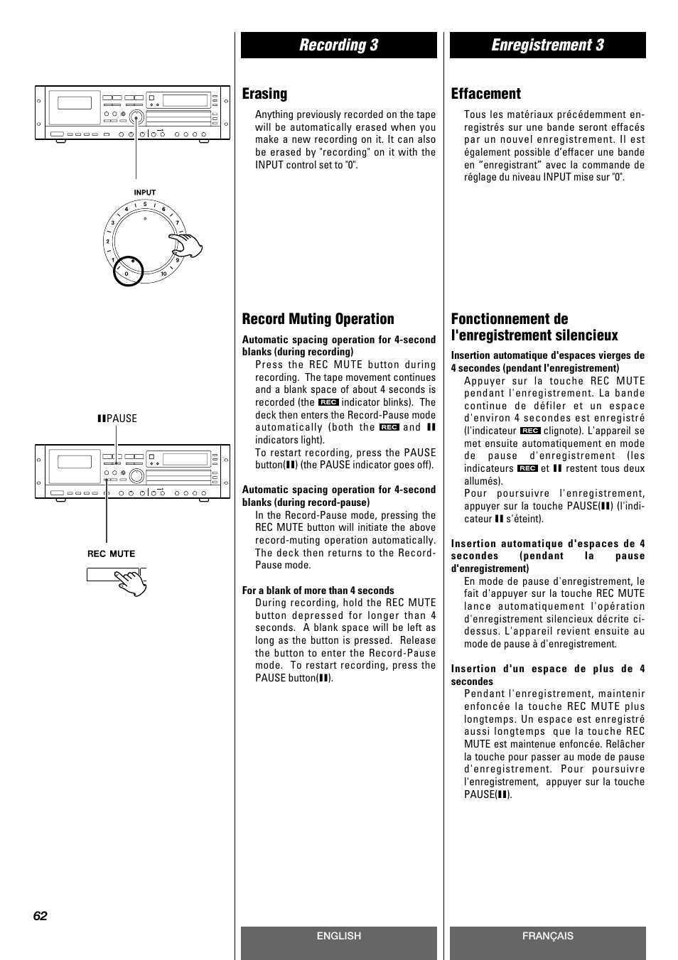 Recording 3 enregistrement 3, Erasing, Effacement | Record muting operation, Fonctionnement de l'enregistrement silencieux | Tascam CD-A630 User Manual | Page 62 / 76