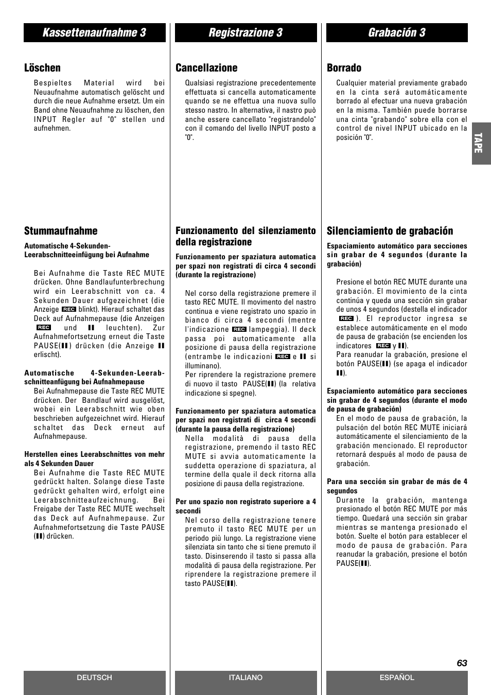 Registrazione 3 kassettenaufnahme 3 grabación 3, Löschen, Cancellazione | Borrado, Stummaufnahme, Silenciamiento de grabación | Tascam CD-A630 User Manual | Page 63 / 76