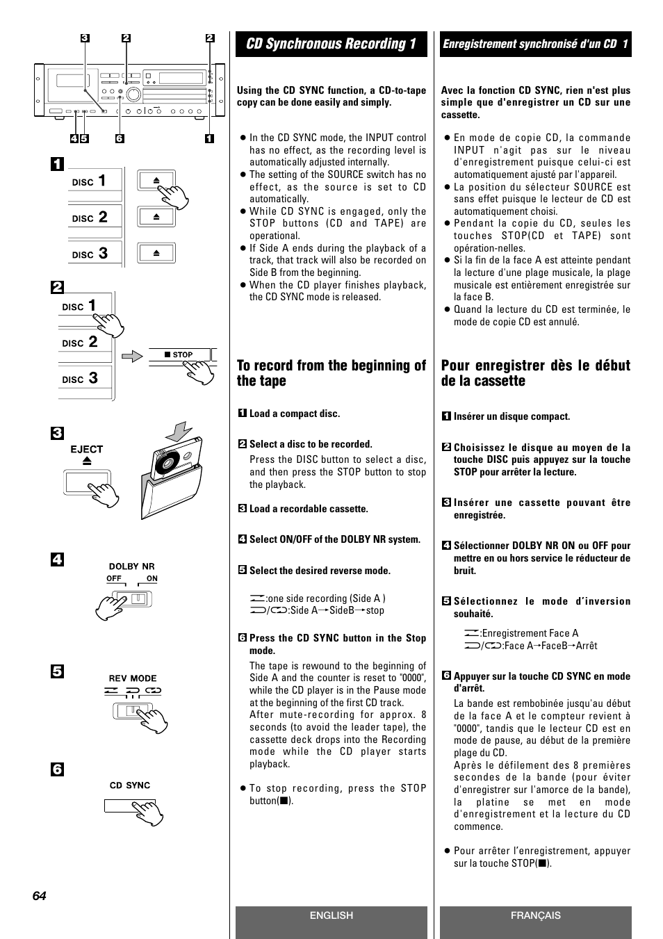 Cd synchronous recording 1 1, Pour enregistrer dès le début de la cassette | Tascam CD-A630 User Manual | Page 64 / 76